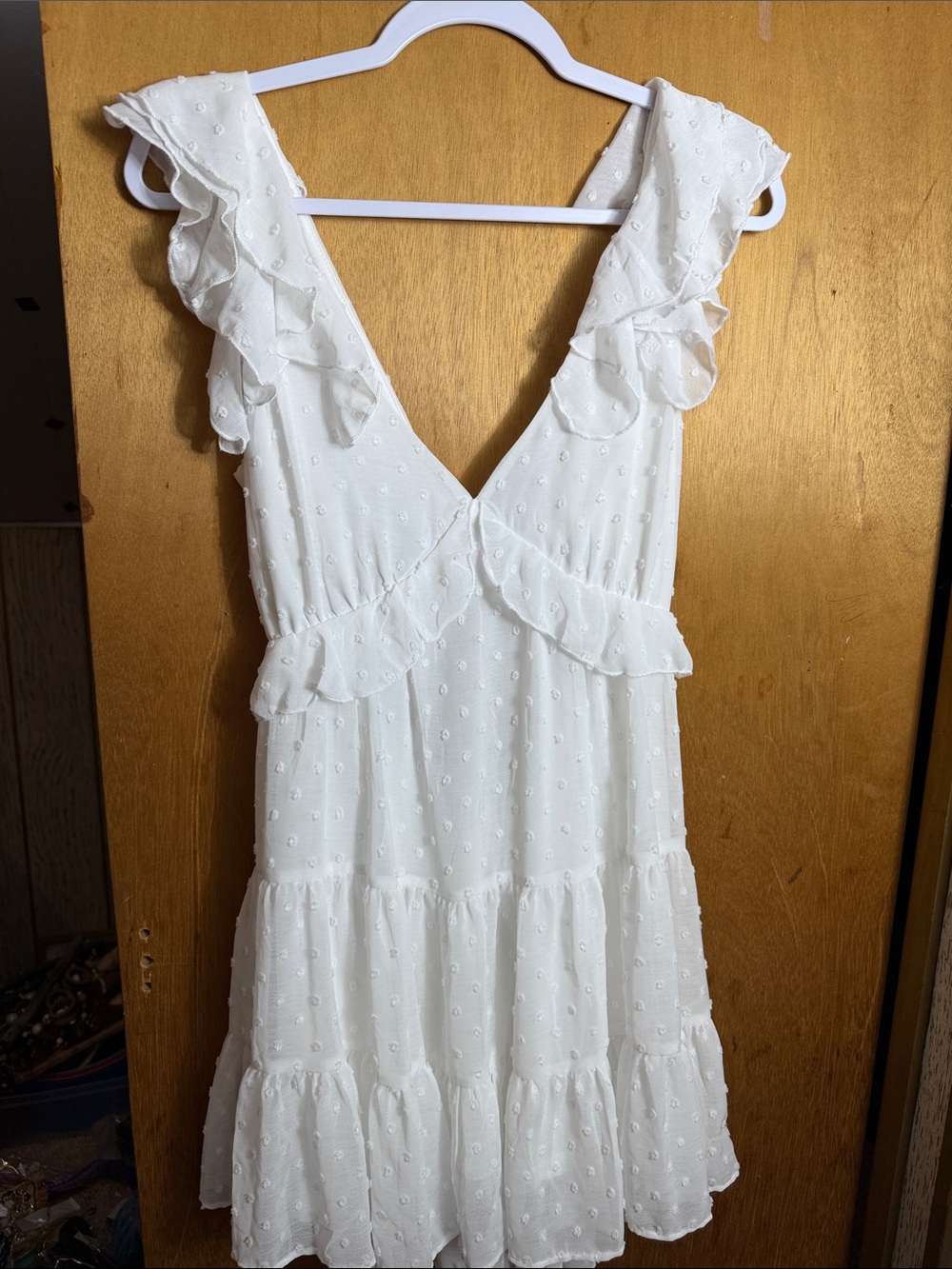 Trixxi White Ruffle V-Neck Mini Dress